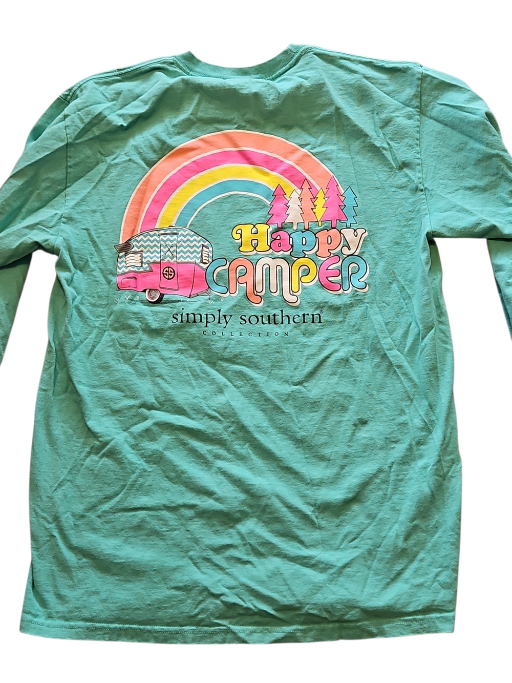 Simply Southern Womens Long Sleeve Tee in Mint with Happy Camper Rainbow Graphic